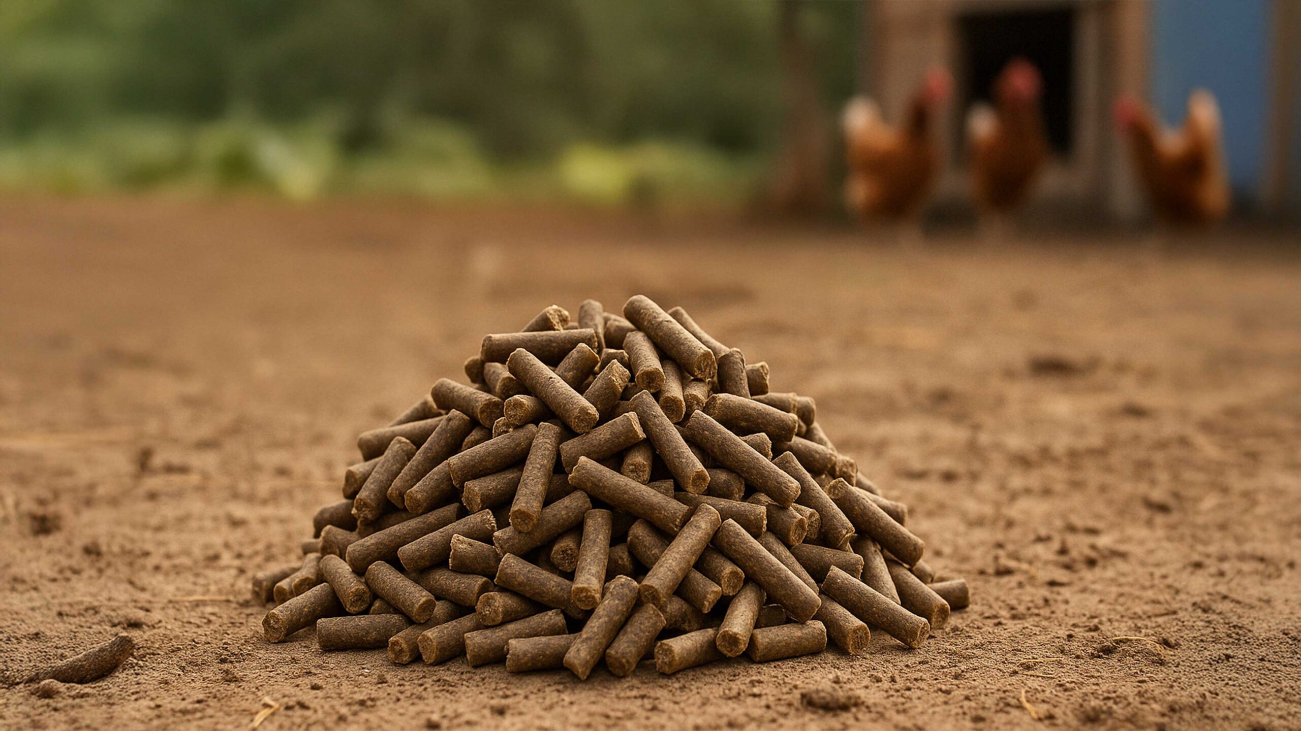 ovaiole-pellet Mangime in pellet per galline disposto in un mucchio su terreno asciutto, in un contesto rurale.