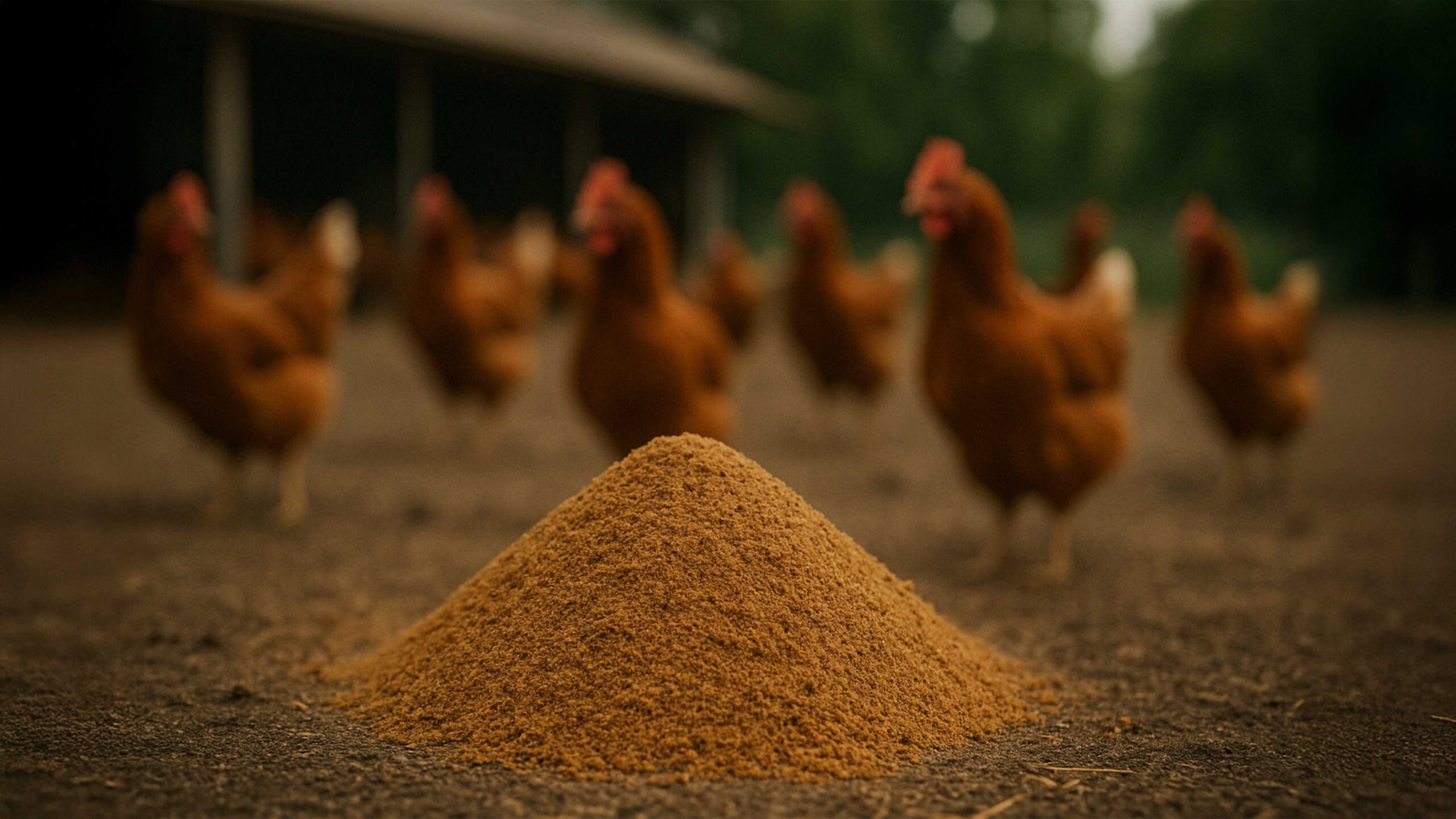 ovaiole-sfarinato Mucchio di mangime sbriciolato per galline in primo piano, con sfondo sfocato di galline ovaiole in un allevamento all’aperto.