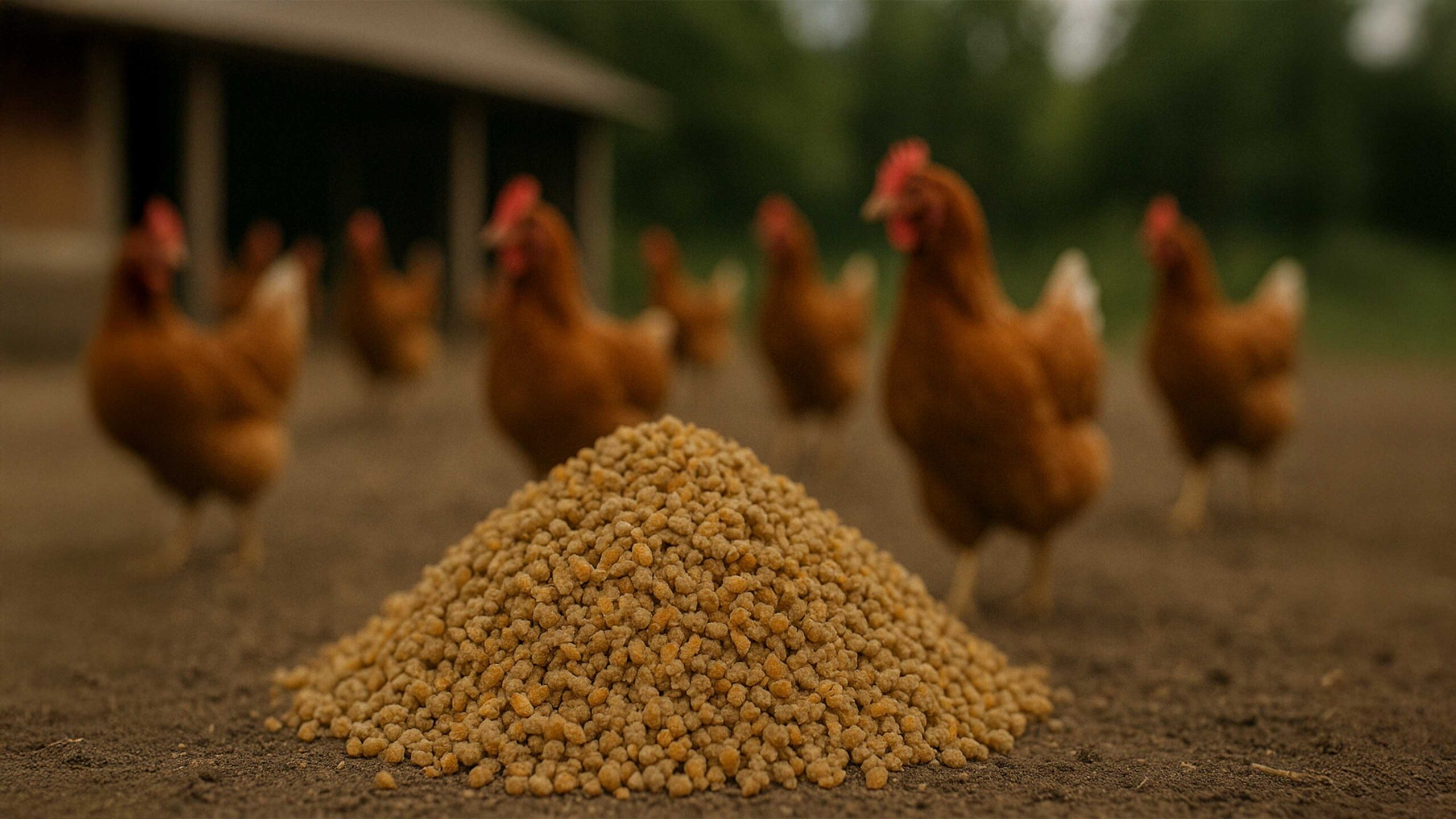 Mucchio di mangime sbriciolato per galline in primo piano, con sfondo sfocato di galline ovaiole in un allevamento all’aperto.