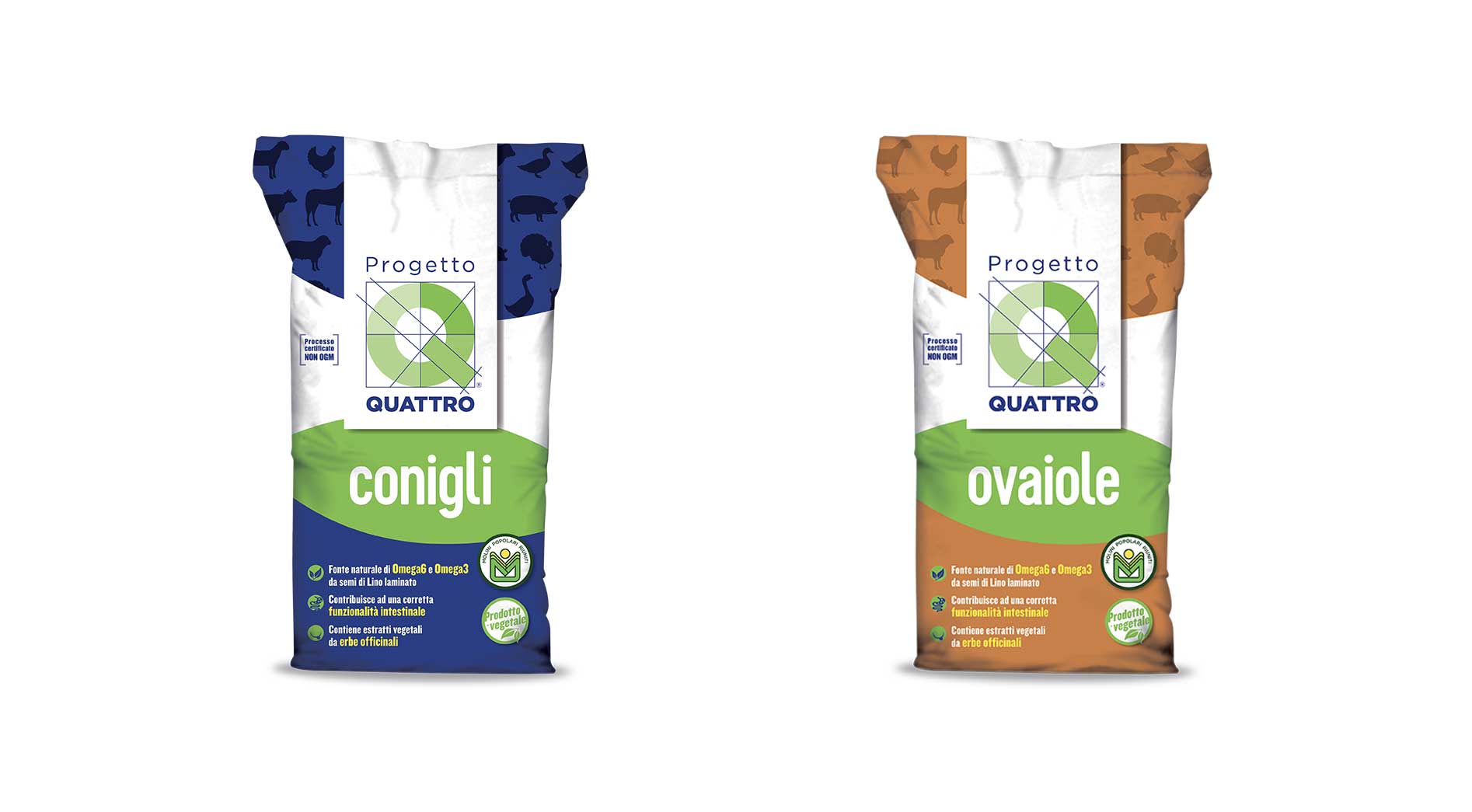 Due sacchi di mangime della linea Progetto Q4: a sinistra il sacco blu per conigli e a destra il sacco marrone per galline ovaiole. Entrambi mostrano le diciture "Prodotto Vegetale" e "OGM Free".