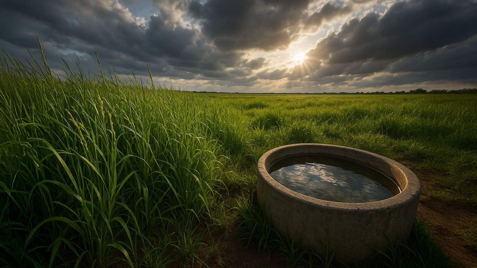 Prato foraggero rigoglioso con abbeveratoio e cielo mutevole, simbolo del legame tra acqua, foraggio e cambiamento climatico negli allevamenti